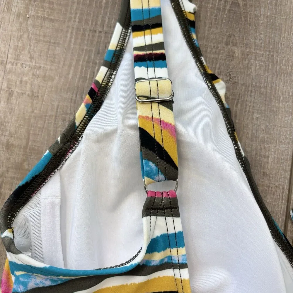 DKNY Women Ruffle One Piece Swimsuit Size 12 Colorful Ruched Tummy Control Artsy - Picture 7 of 16